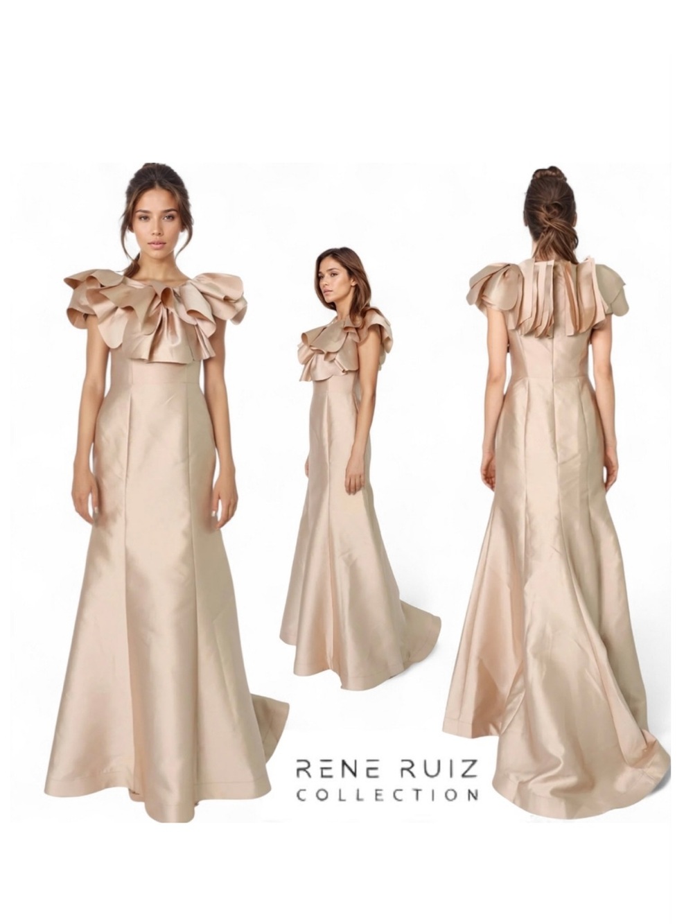 Rene Ruiz Bardot Rosette Detail Mikado Gown. champagne sz4 NWT